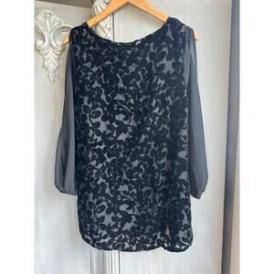 Women's Velvet Burnout Tunic Sz L Black Sheer Floral Blouse Split Sleeves